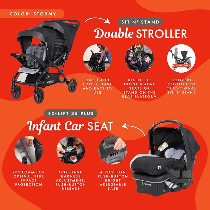 Baby Trend Double Stroller with 2 EZ-Lift Plus Infant Car Seats, Sit N' Stand, Stormy - Portable and Lightweight Stroller Duo and Car Seat Travel System Tandem