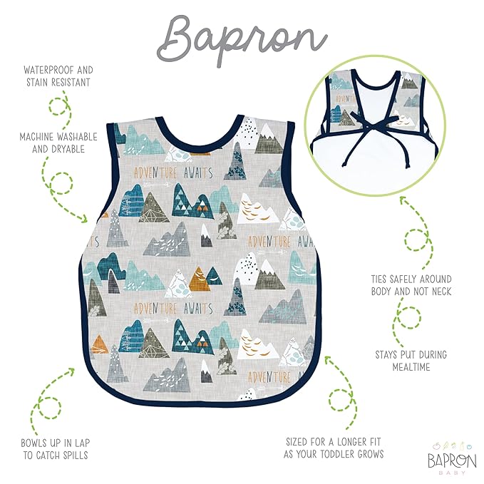 BapronBaby Adventure Awaits Bapron - No Neck Tie Safer Bib for Baby & Toddler - Soft Waterproof Stain Resistant - Machine Washable - Sz Preschool 3-5yrs