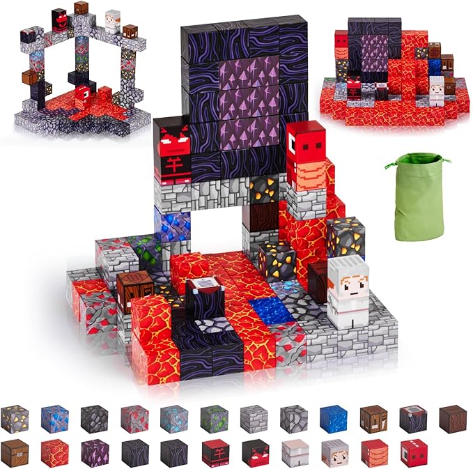 115PCS Magnetic Blocks - Building Toys for Boys Girls 3+, with 20 Unique Patterns, Lava Rivers, Volcanoes, & Dragons, STEM Sensory Toys for Kids Boys Girls Ages 3 4 5 6 7 8 9 Birthday Gifts