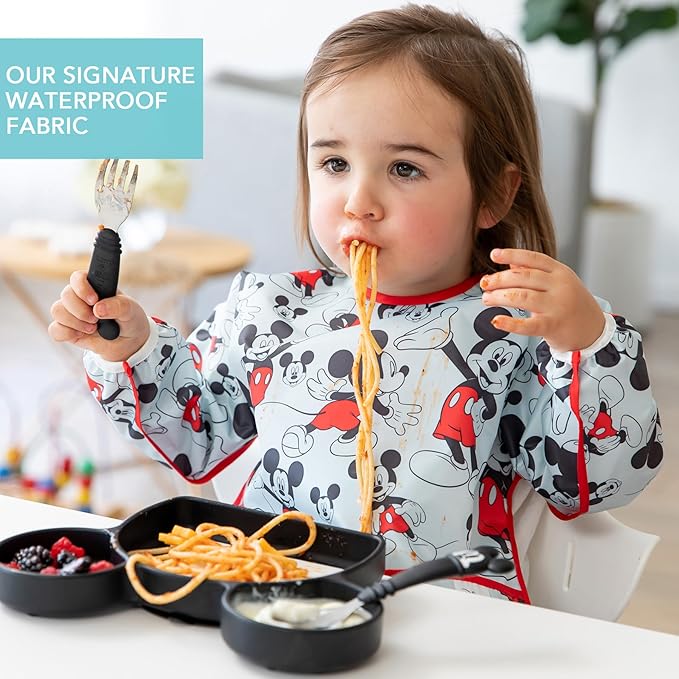 Bumkins Disney Bibs, Baby and Toddler Girls and Boys 6-24 Months, Long Sleeve, Essential Must Have for Eating, Feeding, Mess Saving Lightweight Waterproof Fabric Sleeved Smock, Mickey Mouse Classic