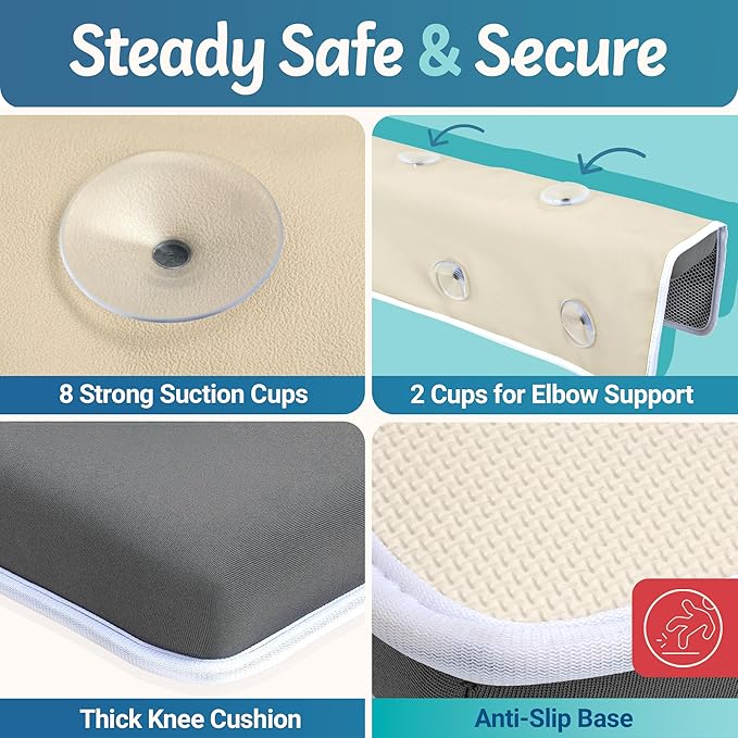 Baby Bath Kneeler and Elbow Rest Pad Set - Quick-Dry, Non-Slip Kneeling Pad for Bathing Toddler, Toy Organizer Pockets, Gift Box, Accessories for Tub, Gray