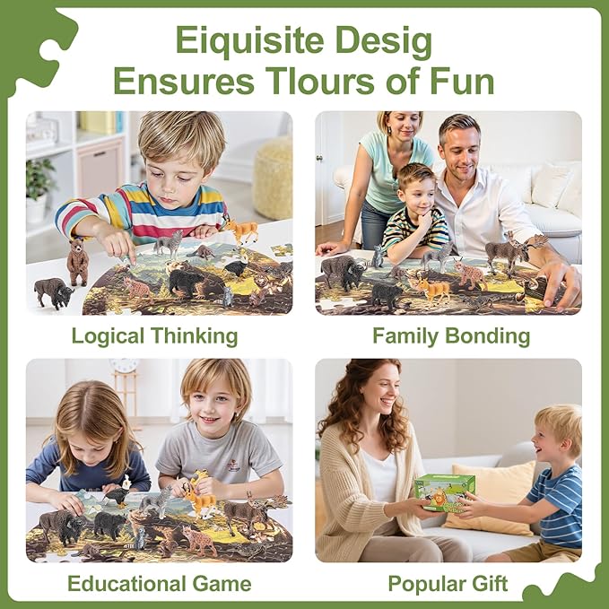 12PCS Large North American Animal Figurines & 67PCS Large Woodland Jigsaw Puzzles Toys for Preschool Kids Toddlers, Ideal Realistic Safari Animals Toys Gift for Toddlers Kids