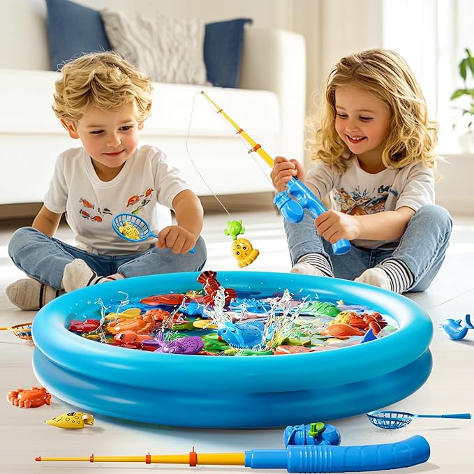 Magnetic Fishing Pool Toys Game for Kids Toddlers 3-5 4-8, Fishing Water Table Bathtub Toy with Inflatable Pool Pole Rod Net Plastic Floating Fish, Water Bath Pool Outdoor Toys for Kids Toddlers Baby