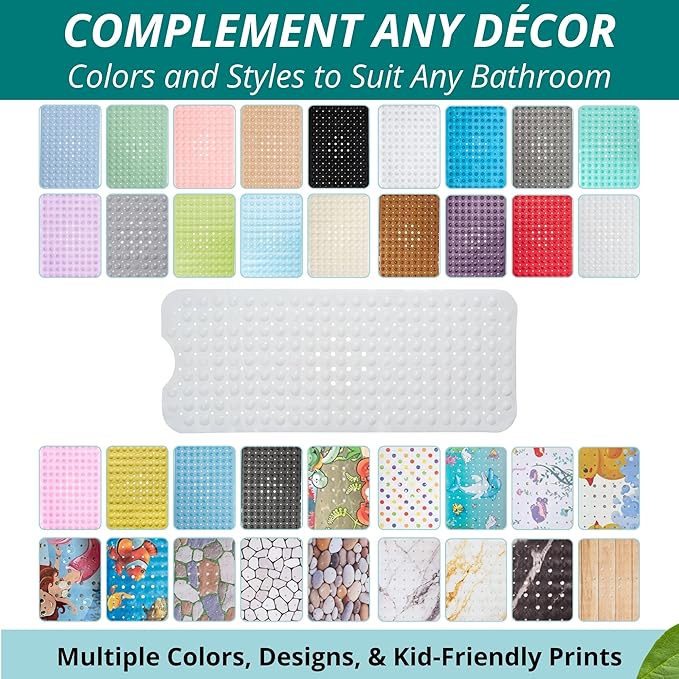 ENKOSI Bath Mat – 40 x 16 Inch Non-Slip Shower Mat for Bath Tub & Shower with Strong Suction Cups – Anti Slip Large Bathtub Mat with Drain Holes – for Smooth Floors Only (40x16 White)