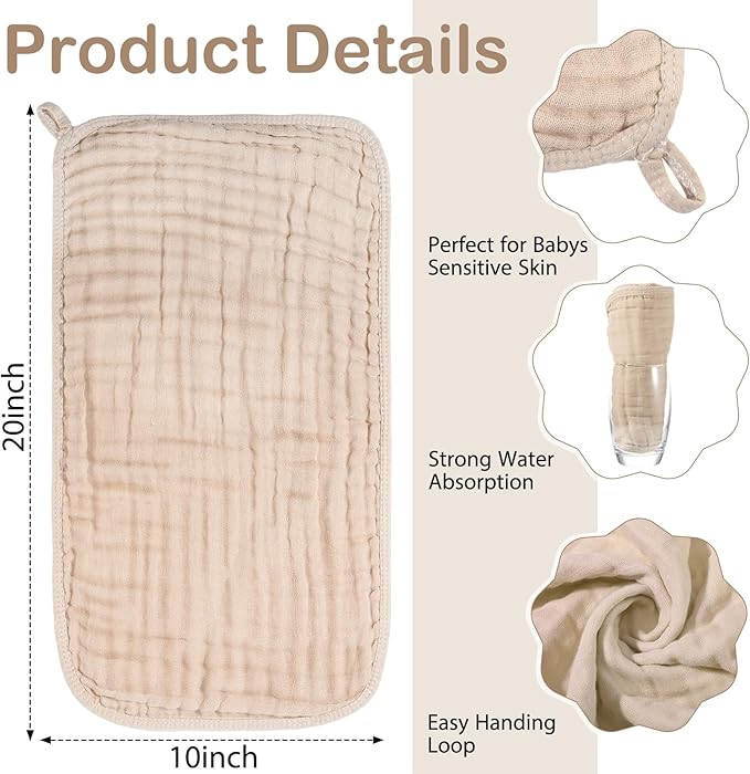 VitalCozy 6 Pcs Baby Muslin Hooded Bath Towels and Washcloths, 32 x 32 Inch Cotton Absorbent Blankets for Newborn Infant Shower Gift (White, Beige)