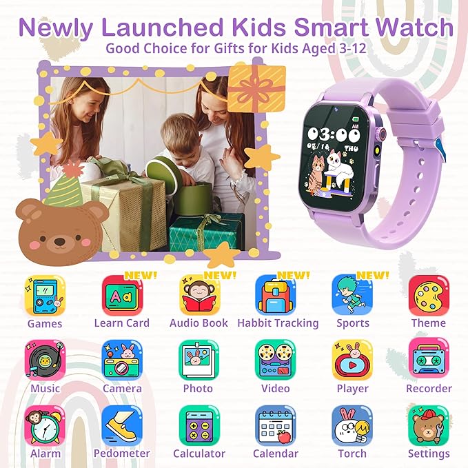 Kids Smart Watches Girls Gift for Age 5-12, Watch for Kids with 32 Games HD Touch Screen Video Camera Pedometer Music Player Flashlight 12/24 hr Toys for 5 6 7 8 9 Year Old Girl Birthday Gift