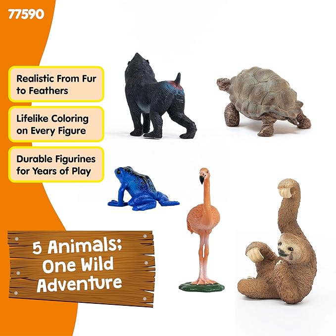 Schleich Wild Life - 5PC Exotic Animal Starter Playset Figurine Bundle - With Flamingo, Sloth, Frog, Giant Tortoise and Monkey Figures for Boys and Girls - Realistic Animal Toys Kids Ages 5+ | 77590