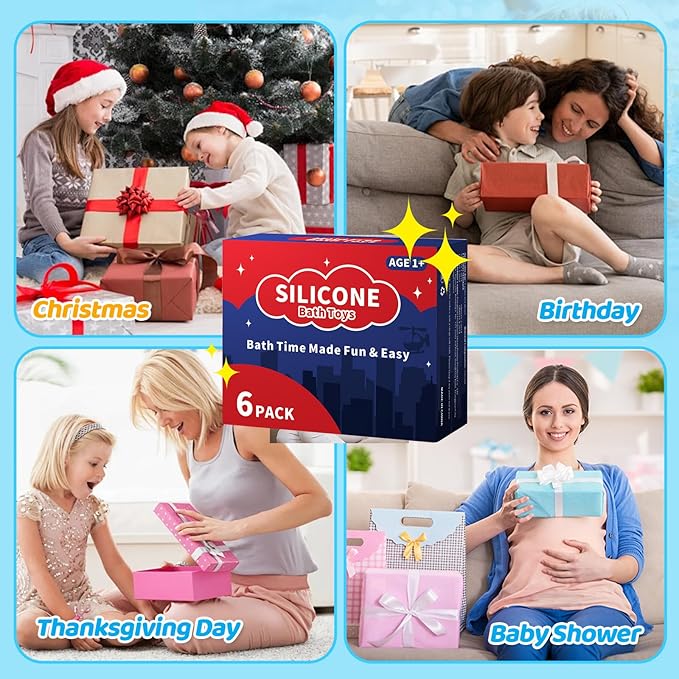 Silicone Cars Bath Toys for Toddlers, Christmas Birthday Gifts Age 1+, 6 Pack No Hole Bath Toys Design Keeps Moisture Out, Vehicles Play Set for Little Boys Girls Kids Christmas Stocking Stuffers