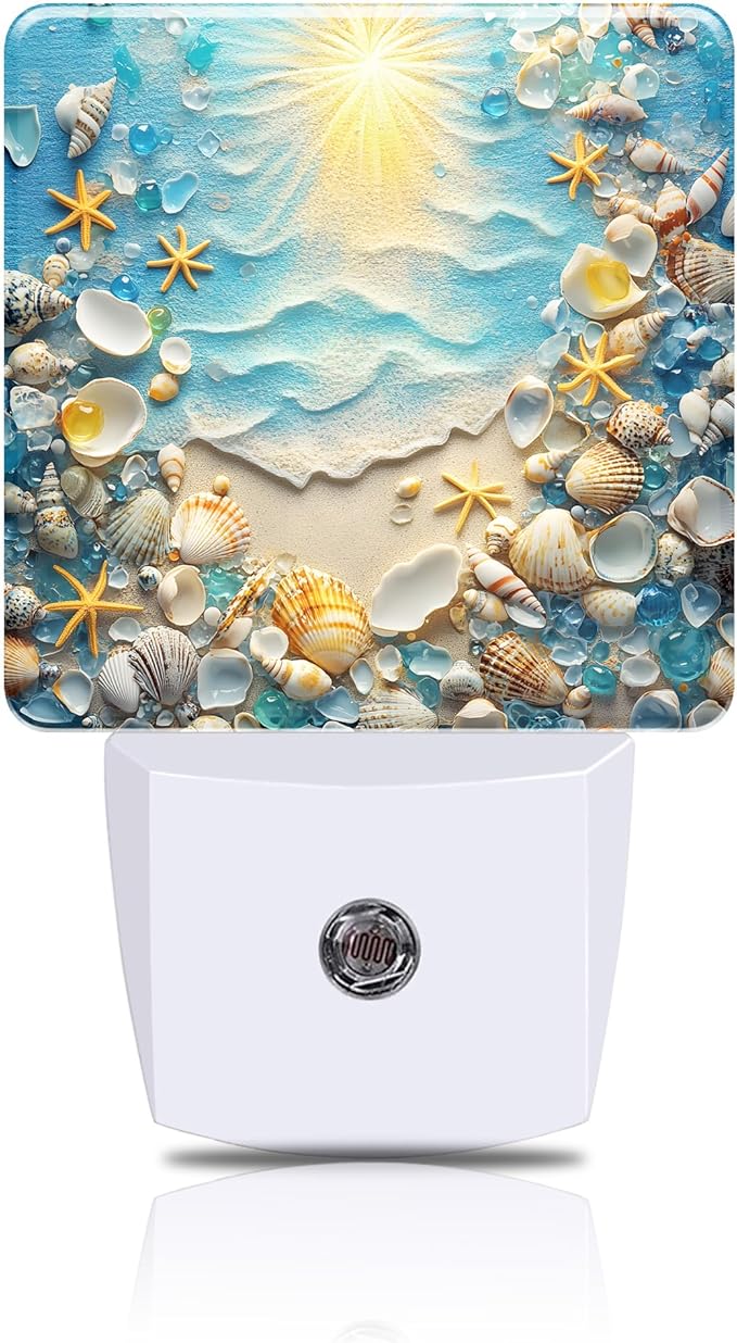 Night Light Seashells and Seastars on Sand Night Lights Plug into Wall Smart Dusk to Dawn Sensor 0.5W Energy Efficient Led Lamp for Men Women Bedroom Bathroom Hallway Stairway Decor