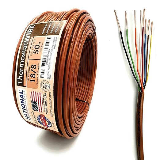 18/8 50Ft. NATIONAL Wire&Cable Thermostat Doorbell HVAC Heating Control Professional Cable Wire - Made in USA - 100% Solid Copper Conductors, CL2 ETL Listed, Low Voltage Applications Use