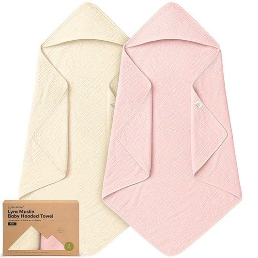 KeaBabies Muslin Hooded Baby Towels for Newborn Girls, Boys - 2-Pack, 30x30 Organic Cotton Baby Bath Towels Hooded, Soft Absorbent, Toddlers, Kids, Infant, Newborn Bath Essentials (Rose Ivory, Petite)
