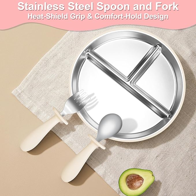Bella’s Friends Baby Feeding Set, 2 Pack Stainless Steel Divided Plate with Silicone Suction, 2 Set Spoons and Forks, BPA Free, Dishwasher Safe, Baby Led Weaning Supplies, Toddler Utensils,beige green