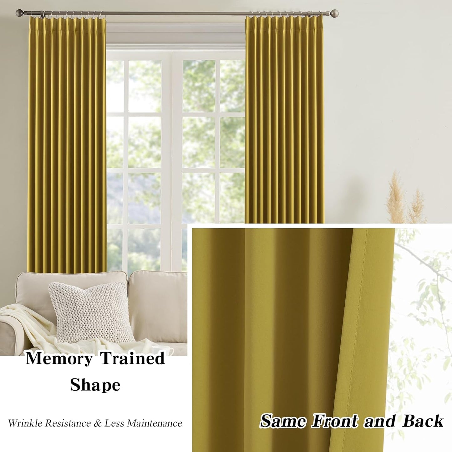 KEQIAOSUOCAI Yellow Pinch Pleated Curtains 108 Inch Length 2 Panels Set Noise Cancelling Window Drapes for Nursery Bedroom Living Room 40x108