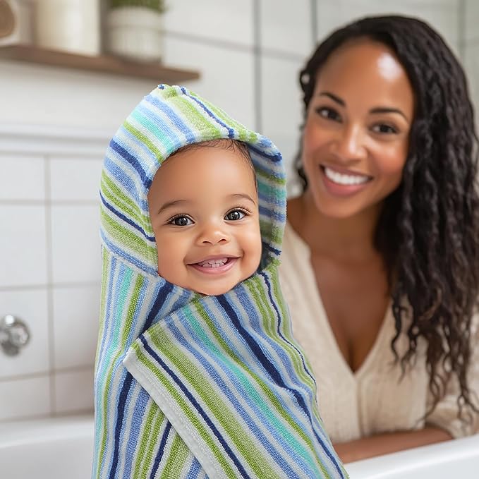 ORIGINAL KIDS Hooded Baby Towel for Newborn - 100% Cotton Large Baby Bath Towels with Hood for Boys, Girls, Infants, Toddler - Extra Absorbent & Soft Newborn Bath Essentials - Large 24x30 - Blue Multi