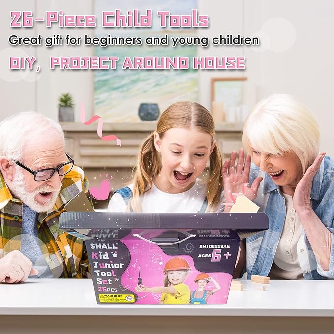 SHALL 26-Piece Kids Size Tool Set, Pink Real Tools for Kids with 12" Tool Bag, Safety Certified Children Learning Tool Kit with Hand Tools for Boys & Girls Age 6+, DIY Building, Woodwork, Construction