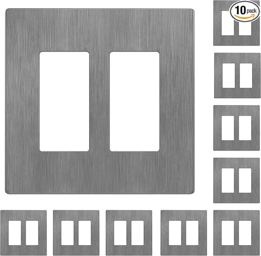 LIDER Matte Finish Double Decorator Switch Cover, Screwless Wall Plate, Mid-Size 2-Gang 4.88" x 4.92", Unbreakable Polycarbonate Thermoplastic, UL Listed, LSWP-32M-BGY10P, Brushed Gray, 10 pack