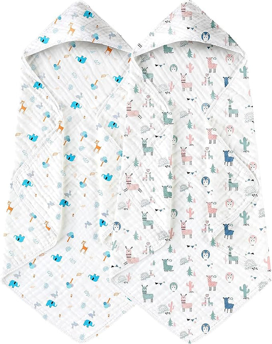 Yoofoss Hooded Baby Towels for Newborn 2 Pack 100% Muslin Organic Cotton Baby Bath Towel with Hood for Babies, Infant, Toddler and Kids, 32x32Inch, Soft and Absorbent Newborn Essential,Alpaca&Elephant