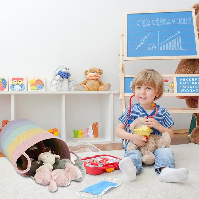 Rope Laundry Basket Hamper for Kids Girl Woven Storage Basket for Living Room Bedroom Boho Tall Baskets for Blanket Toys Pillow Towels Baby Nursery Hamper Bin rainbow