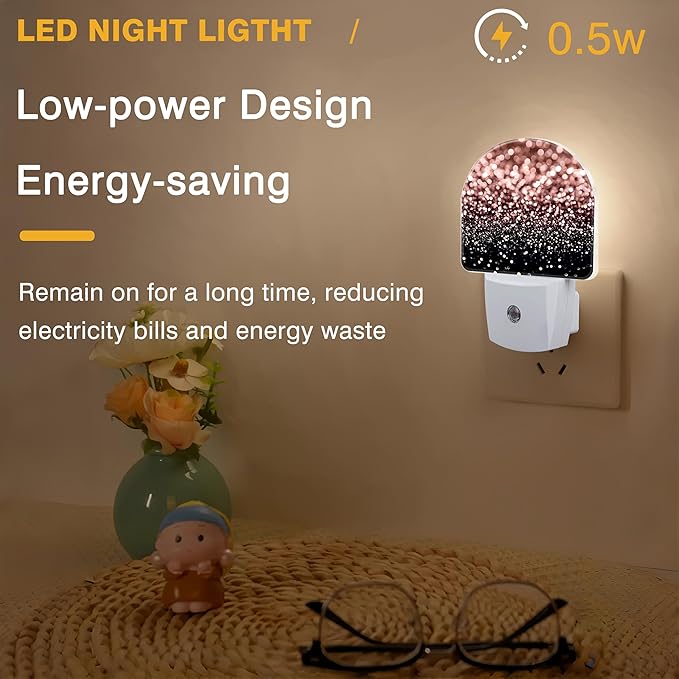 Night Lights Plug into Wall Rose Gold Glitter Night Light Dusk to Dawn Smart Sensor Decorative Round Led Lamp for Bedroom Kitchen Hallway Nightlight for Women Men