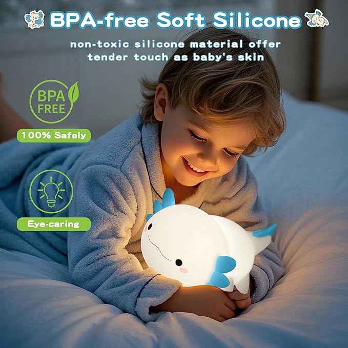 Axolotl Night Light, Nursery Lamp, 2-Level Dimmable, Touch Control, 20-Min Timer, Rechargeable, 100% Safe &Soft Silicone, Cute, Adorable, Soothing Ambiance, Gift for Kids, Blue