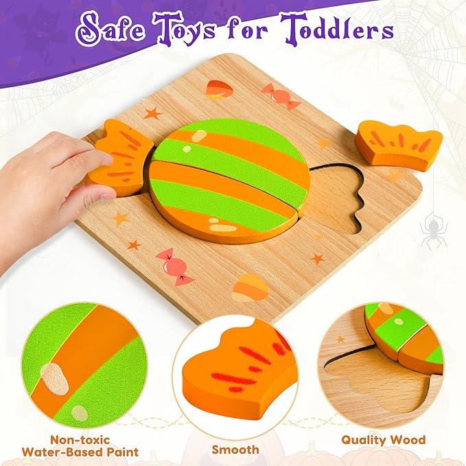 Halloween Wooden Puzzles Toys for Toddlers 1-3, for Baby Boys Girls, Halloween Toys for 1 2 3 Year Old Learning, Halloweens Party Favors for Kids, Trick or Treat Goodie Bag Fillers