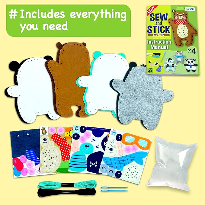 EZCRA Easy Arts and Crafts for Kids - No Mess Sewing Kit for Kids - 4 Easy to Do Bear Sewing Projects - Fun Felt Stickers - Tools with Instruction - Gifts for Boys and Girls Age 4,5,6,7,8