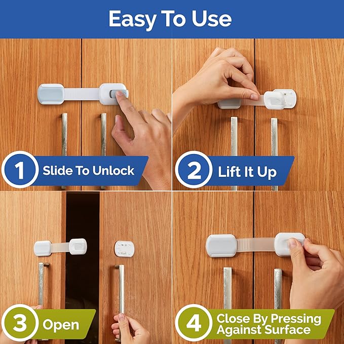 Child Safety Strap Locks (4-Pack) Baby Locks for Cabinets and Drawers, Toilet, Fridge & More. 3M Adhesive Pads. Easy Installation. (White/Gray)