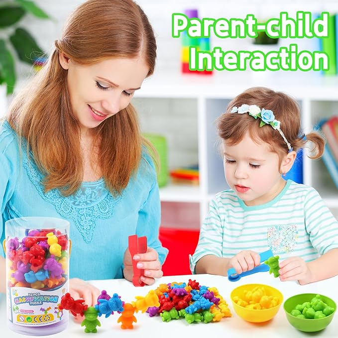 UNIQUE KIDS Counting Matching Game with Sorting Cups, Color Classification and Sensory Training Educational Learning Toys Set Gift for Toddlers Preschool Ages 3 Years and up (New Stacking Monkey)