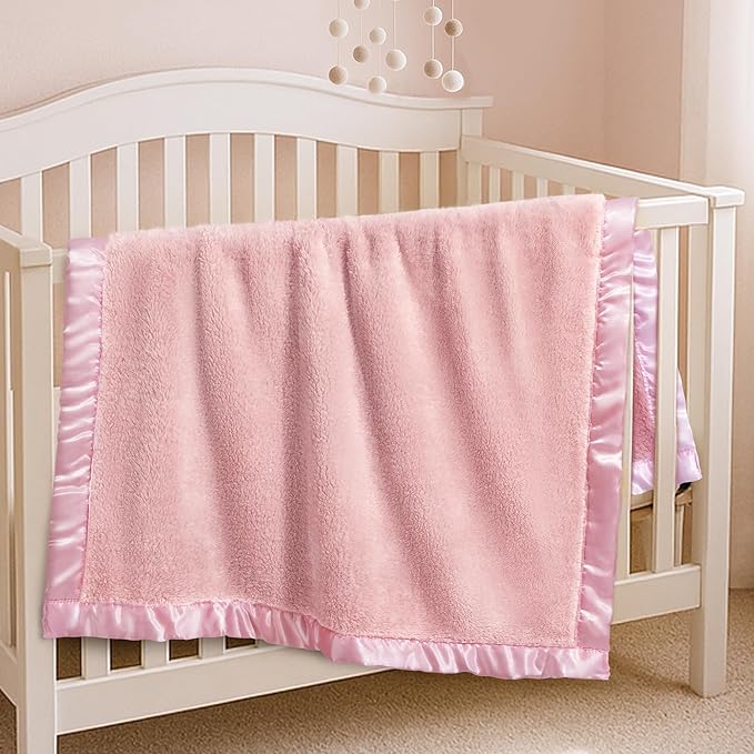 Pro Goleem Fleece Baby Blankets for Girls with 2 Inch Satin Trim, Super Soft Plush Receiving Blanket for Infant Toddler Newborn, Cozy 30x40 Inch Crib & Stroller Blanket (Pink)