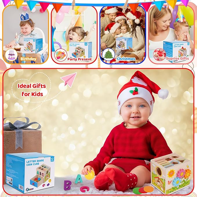 FCSONU Toddlers Montessori Toys for 1 2 3 Year Old Boys Girls, Wooden Baby Montessori Coin Box Toys for Toddlers 1-3, Shape Sorting Sensory Toys for Ages 2-3, Christmas & 1st Birthday Gifts for Kids