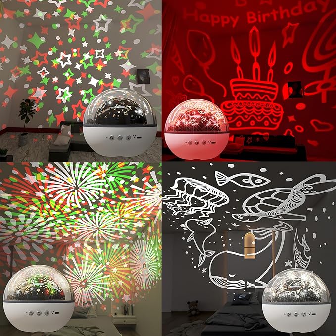 Colorful Life Star Projector Night Light for Kids with Music Box, 5 Films, Rotating Galaxy Light, USB Powered Baby Nursery Lamp for Bedroom (Blue, Green, White, USB-Rechargeable Eight Tone Model)