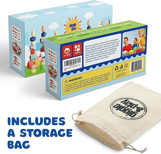 Giggle & Play - 40 Pcs Wooden Stacking Stones Set, Montessori Toys for 3+ Year Old, Stacking Blocks for Fine Motor Skills & Creativity, Multicolor Playset for Toddlers & Kids, Free Storage Bag