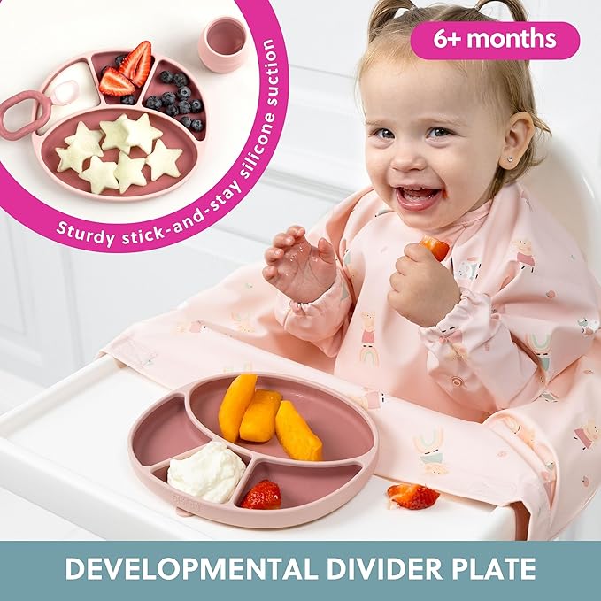 BIBaDO - Silicone Suction Divider Plate (Blush) - Toddler Plates - Help Develop Motor Skills - Durable, Dishwasher & Microwave Safe, BPA Free - Medical Grade - Baby Essentials - 6 Months to 3 Years