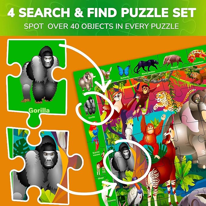 QUOKKA Puzzles for Kids Ages 4-6 - 4 x 60 Puzzles for Toddlers 5-8 - Educational Search & Find Toy for 8-10 yo for Learning Forest Polar, USA National Park Animals & City Life