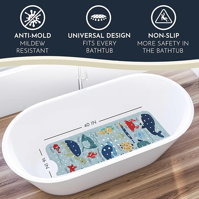 Homerella Baby Bath Tub Mat | Anti Mold Mildew Resistant Non Slip Kids and Adult Bath Tub Shower Mats | 40x16 inch Long with Suction Cups for Secure Grip Hooks for Storage & Drying | Machine Washable