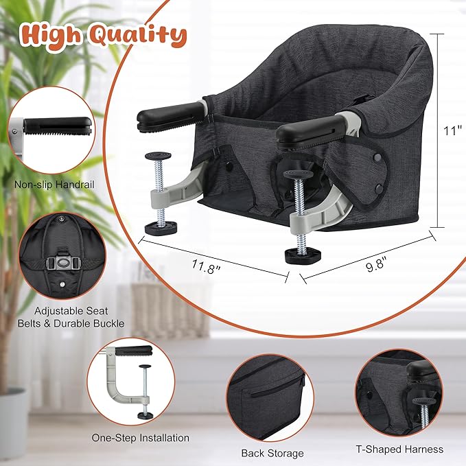 Hook On High Chair, Jozzve Clip on High Chair with Removable Dining Tray for Babies and Toddlers, Fold-Flat Storage Portable Baby Feeding Seat, Attach to Fast Table Chair for Home Travel (Black)