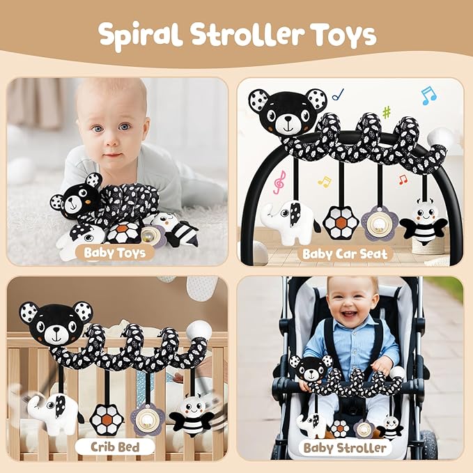 TSYAN Car Seat Toys for Babies 0-6 Months,Hanging Rattle Toys for Crib Mobile, Baby Spiral Hanging Stroller Black and White High Contrast Toys for Newborn 0 3 6 9 12 Months Baby Boys Girls (Bear)