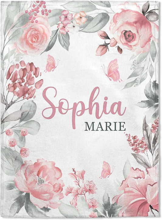 FLOCHIL Personalized Baby Blankets, Custom Baby Blanket - Baby Blanket with Name for Girls, Best Gift for Baby, Newborn Floral Plush Fleece (30x40)