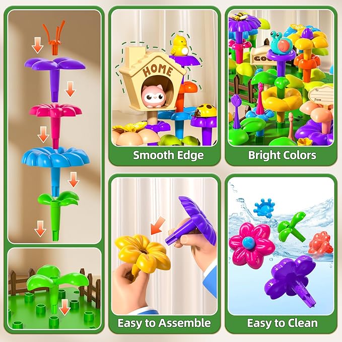 145 Pcs Toys for 3 Year Old Girl,Toddler Gardening Set Flower Garden Toy Girls Building Sets Best Educational Learning Fine DIY Crafts Stem Construction Stacking Kit,for 3 4 5 6 7 Years Kids