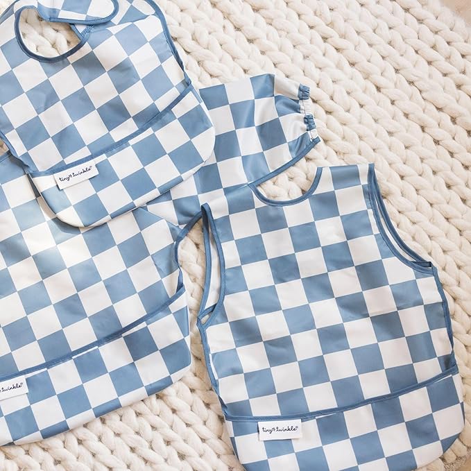 Twinkle Short Sleeve Apron Baby & Toddler Bib – Waterproof, Mess-Proof Bibs for Eating & Feeding, Machine Washable, Perfect Holiday Gift (Blue Checkers, 6–24M)
