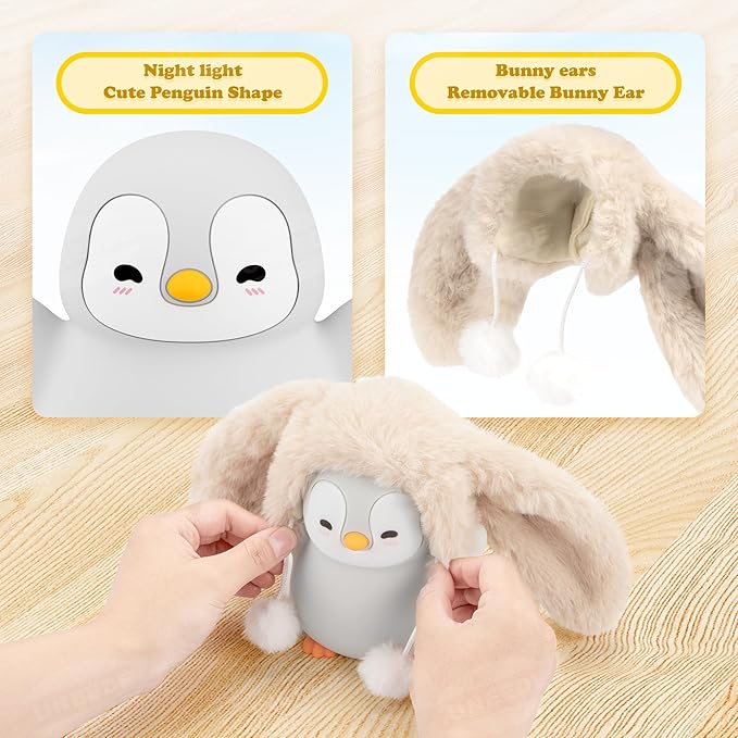 UNEEDE Standing Penguin Night Light with Detachable Bunny Hat - Rechargeable Silicone Touch Lamp, 2-Level Dimmable, 20-Min Timer, Nursery Decor for Kids & Holiday Gifts