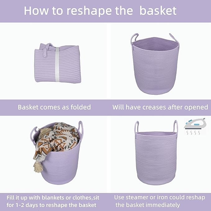 Cotton Rope Laundry Basket Hamper for Clothes Woven Storage Basket for Living Room Bedroom Boho Tall Rope Baskets for Blanket Toys Pillow Towels Baby Nursery Hamper Bin Large purple