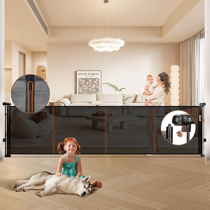 160" Retractable Baby Gate Extra Wide, 41" Tall Retractable Dog Gate for Stairs, Doorways, Decks, Mesh Gate Long Child Gate Pet Gate for Indoor, Outdoor, with Reinforced Mesh Rods, Dual Locks
