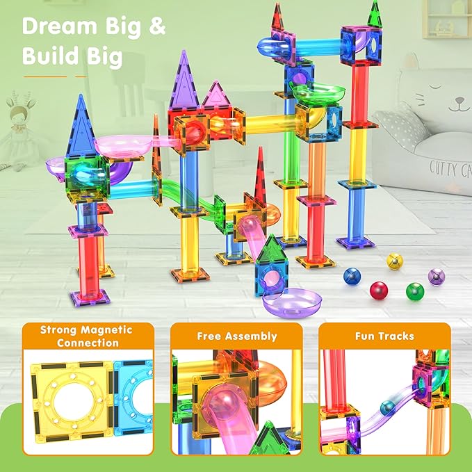 PicassoTiles 150pc Magnetic Marble Run Track Set STEM Construction Toy with Slides Ramps and Tubes Educational Magnet Tile Building Kit Kids Age 3 Plus Learning Gift for Boys Girls Preschool PTG150