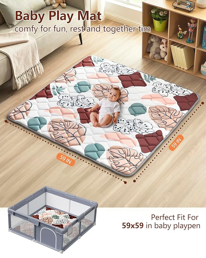 Baby Play Mat 59"x59", Non-Slip Baby Mat for Floor, Soft Thicker Playpen Mat, Portable Playmat, Crawling Mat for Babies, Toddlers & Infants to Play and Learn（Boho）