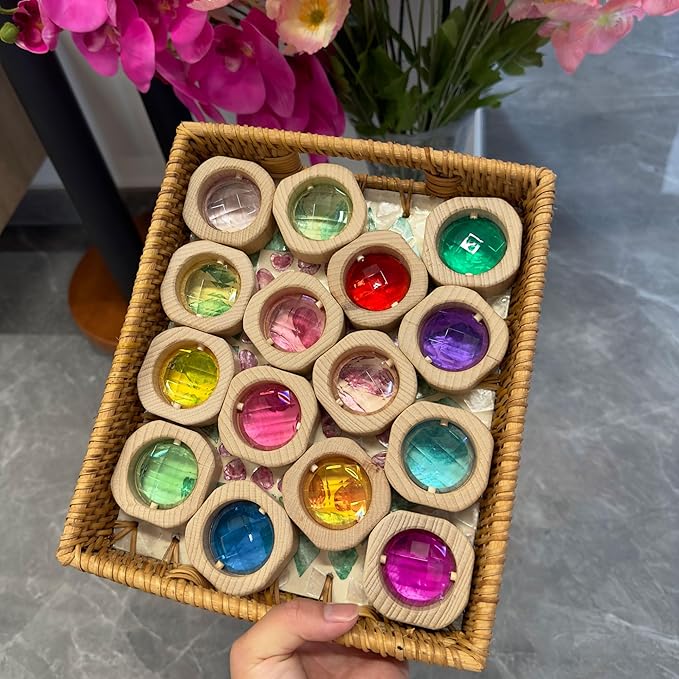 20PCS Wooden Gem Blocks Stacking Toys,Colorful Acrylic Windows Blocks, Rainbow Crystal Acrylic Building Cubes Educational Sensory Training Crystal Toys (20PCS Round Gem Blocks)
