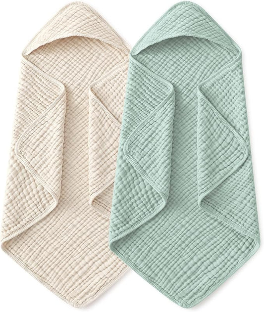 Yoofoss Hooded Baby Towels for Newborn 2 Pack 100% Muslin Organic Cotton Baby Bath Towel with Hood for Babies, Infant, Toddler and Kids, 37.5“x37.5“, Soft and Absorbent Newborn Essential,Apricot&Green
