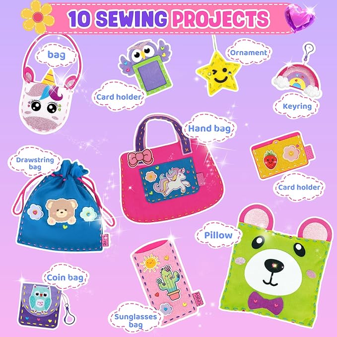Sewing Kit for Beginner Kids, 10Pcs Unicorn DIY Box Arts and Crafts, My First Felt Kit Projects, Blind Box Craft Supplies, Learn to Sew Embroidery Kit, Birthday Gift for Girls 3 4 5 6 7 8 Years Old