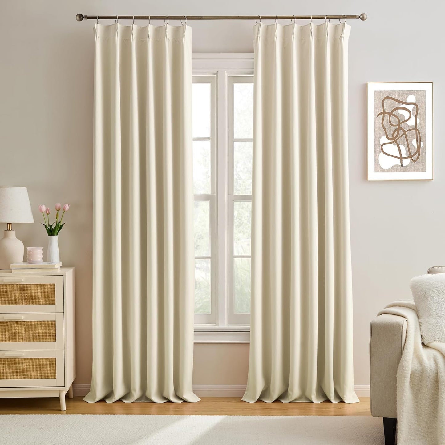 KEQIAOSUOCAI Pinch Pleated Cream Beige Curtains 120 Inches Long for Living Room 2 Panels Set Ceiling Mount Track Drapes Ceiling Floor 118 inch-122 inch Window Curtains Bedroom 40 by 120,10 ft