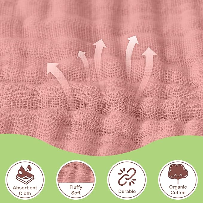 Organic Cotton Muslin Baby Hooded Towels - 32x32 Inch, 2 Pack Newborn Bath Towels for Boys & Girls, Soft & Absorbent Bath Set (Rose/Peach)